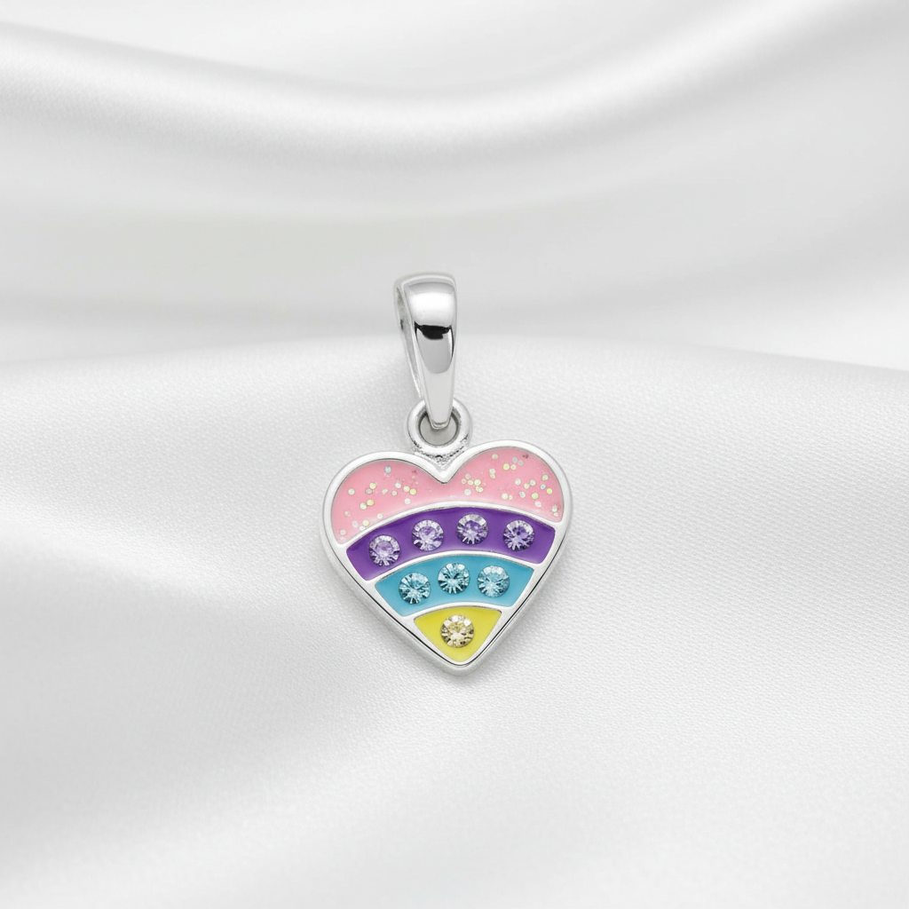 925 Sterling Silver Rainbow Heart Pendant - Crystal & Epoxy - Children's