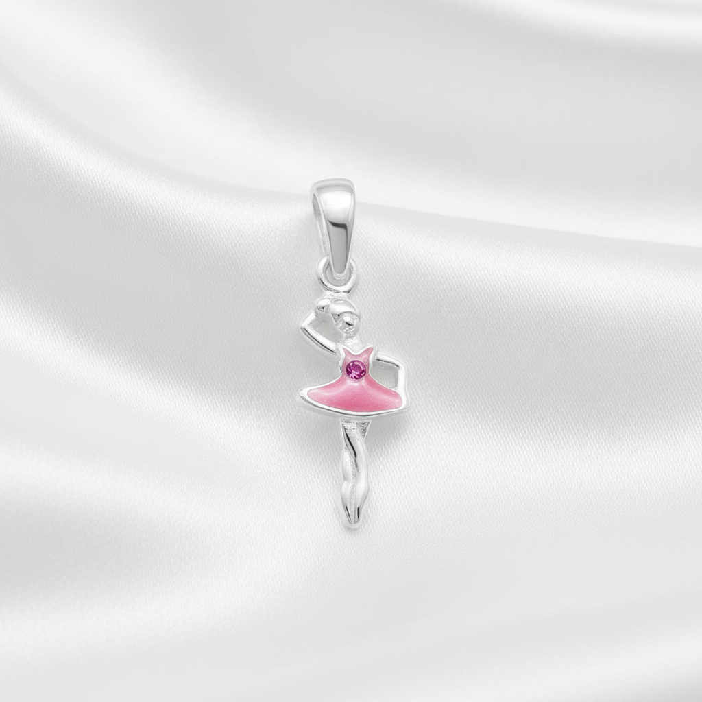 925 Sterling Silver Ballerina Pendant - Pink Epoxy - Children's