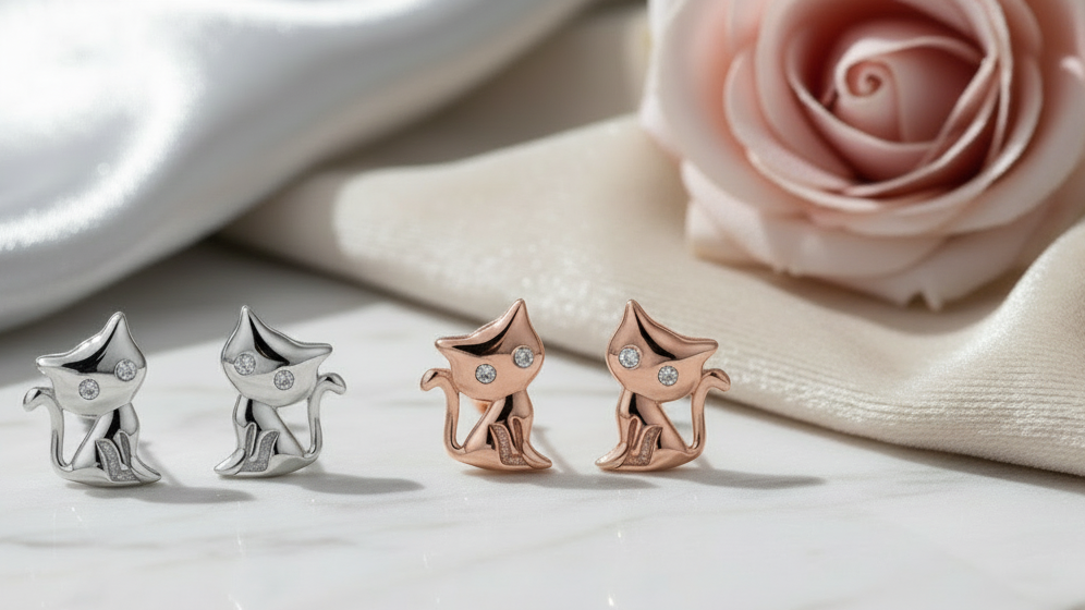 Both pairs of cat earrings - silver and rose gold