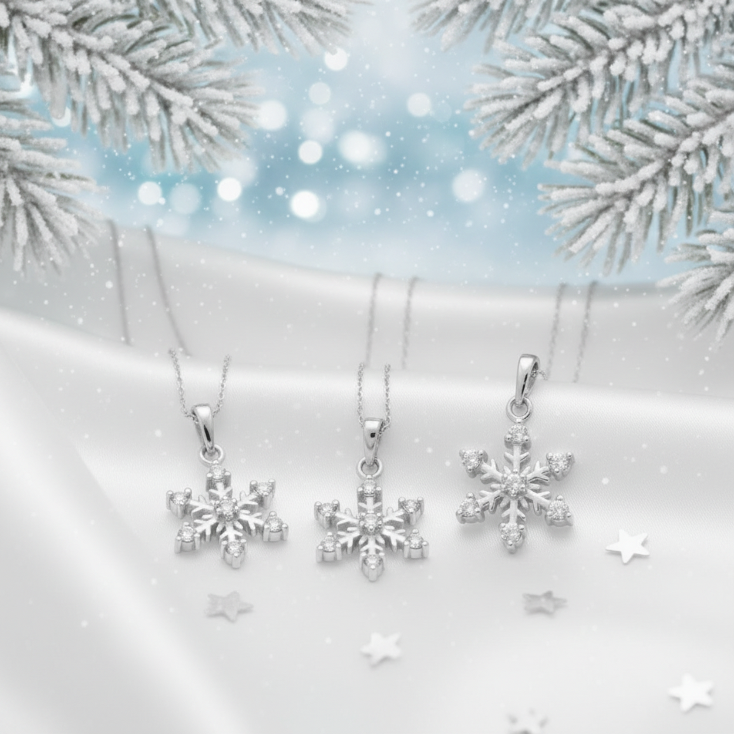 3 snowflake silver and cubic zirconia pendants on a white background with a wintery setting
