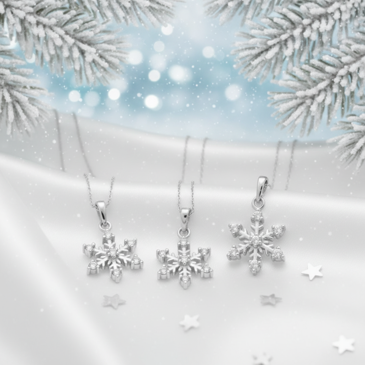 3 snowflake silver and cubic zirconia pendants on a white background with a wintery setting
