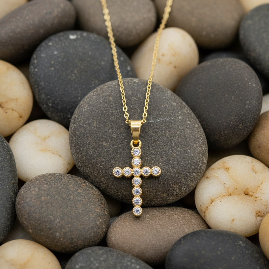 A gold cross pendant necklace adorned with small clear stones, resting on smooth river stones.