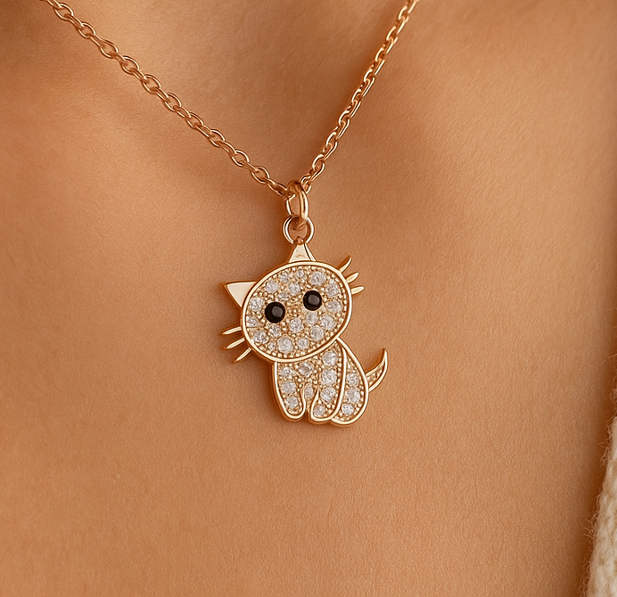 Delicate Rose Gold Cat Pendant with Black Eyes and Separated Paws