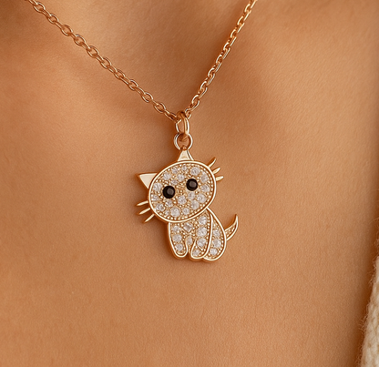 Delicate Rose Gold Cat Pendant with Black Eyes and Separated Paws