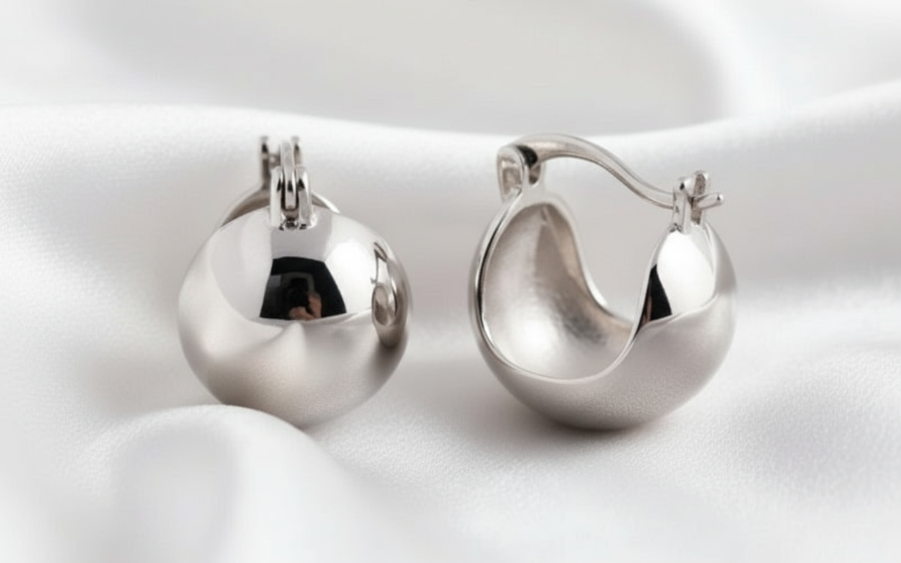 Enhanced Silver Dome Hoops on White Fabric