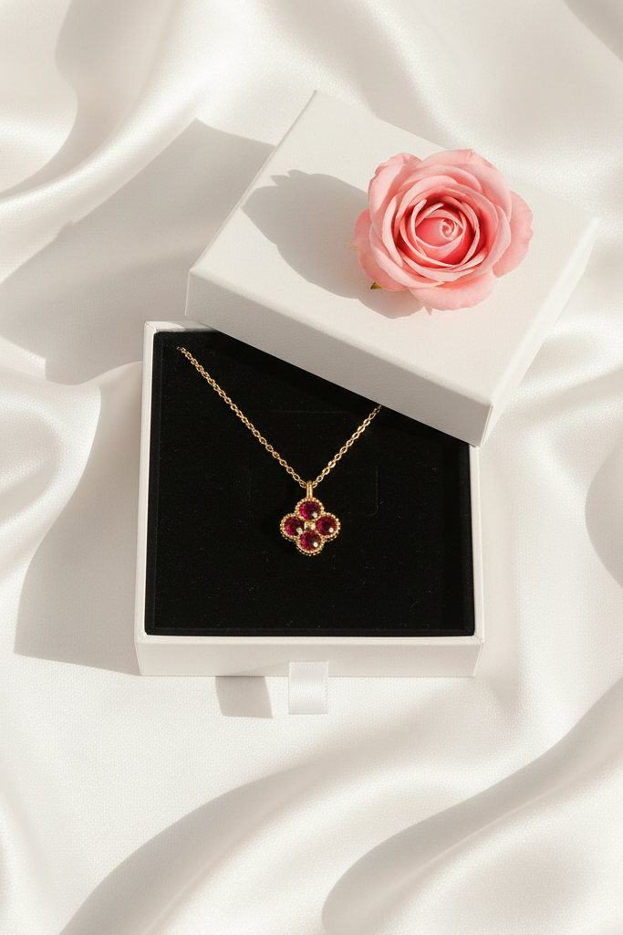 Garnet necklace in white box with rose