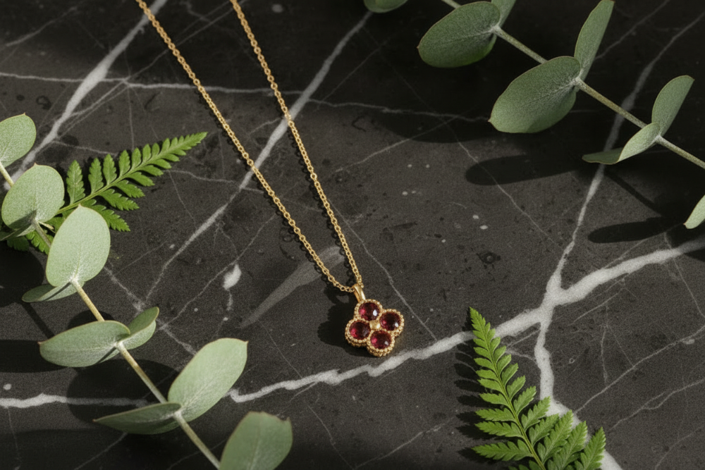 Garnet Necklace on Dark Marble with Greenery