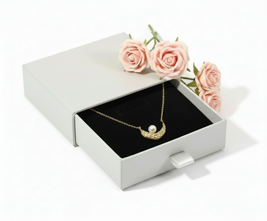 Gold necklace in grey box with pink roses