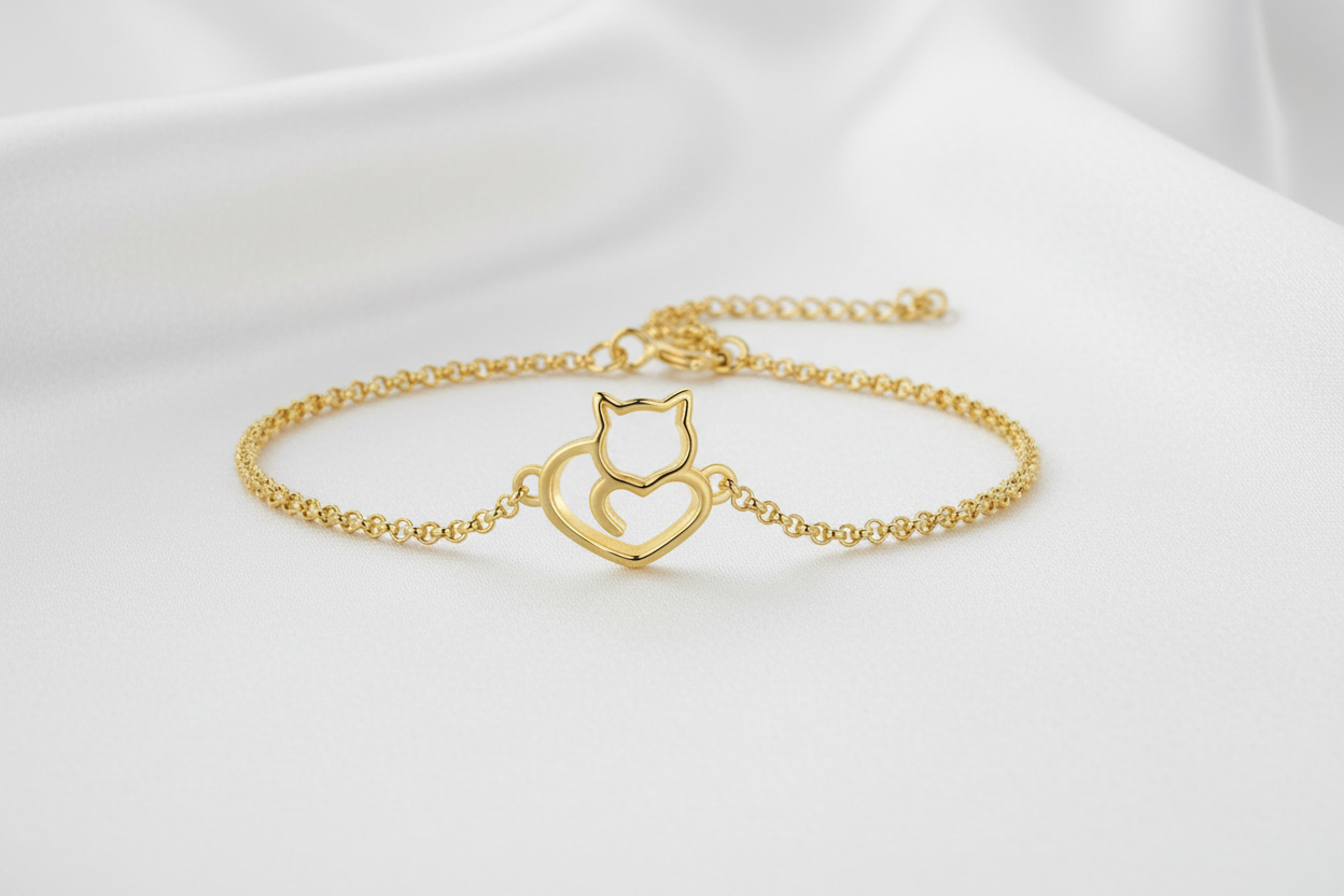 Gold-plated cat bracelet on white silk background
