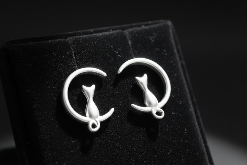 Hand holding cat moon earrings