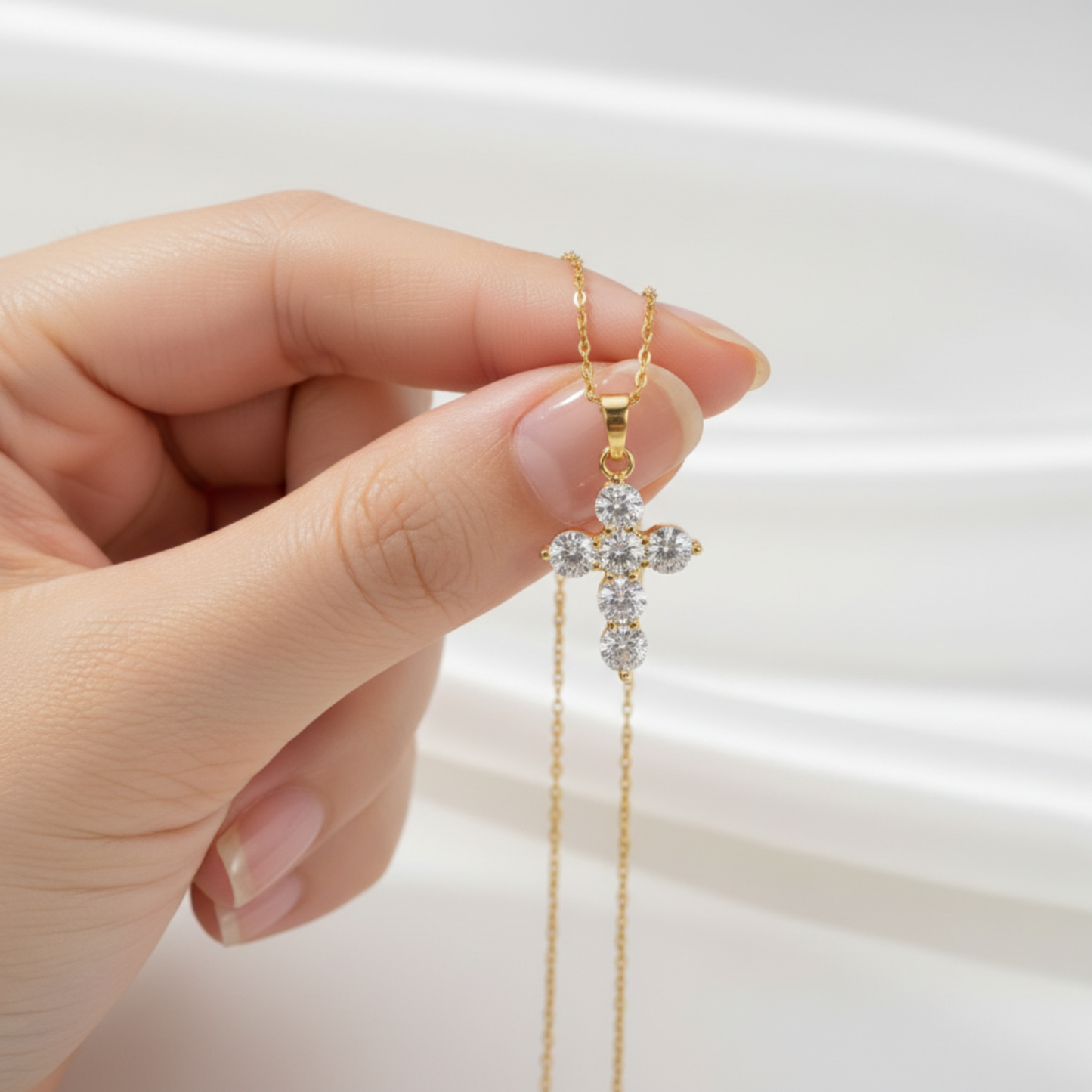 Hand holding gold cross pendant necklace