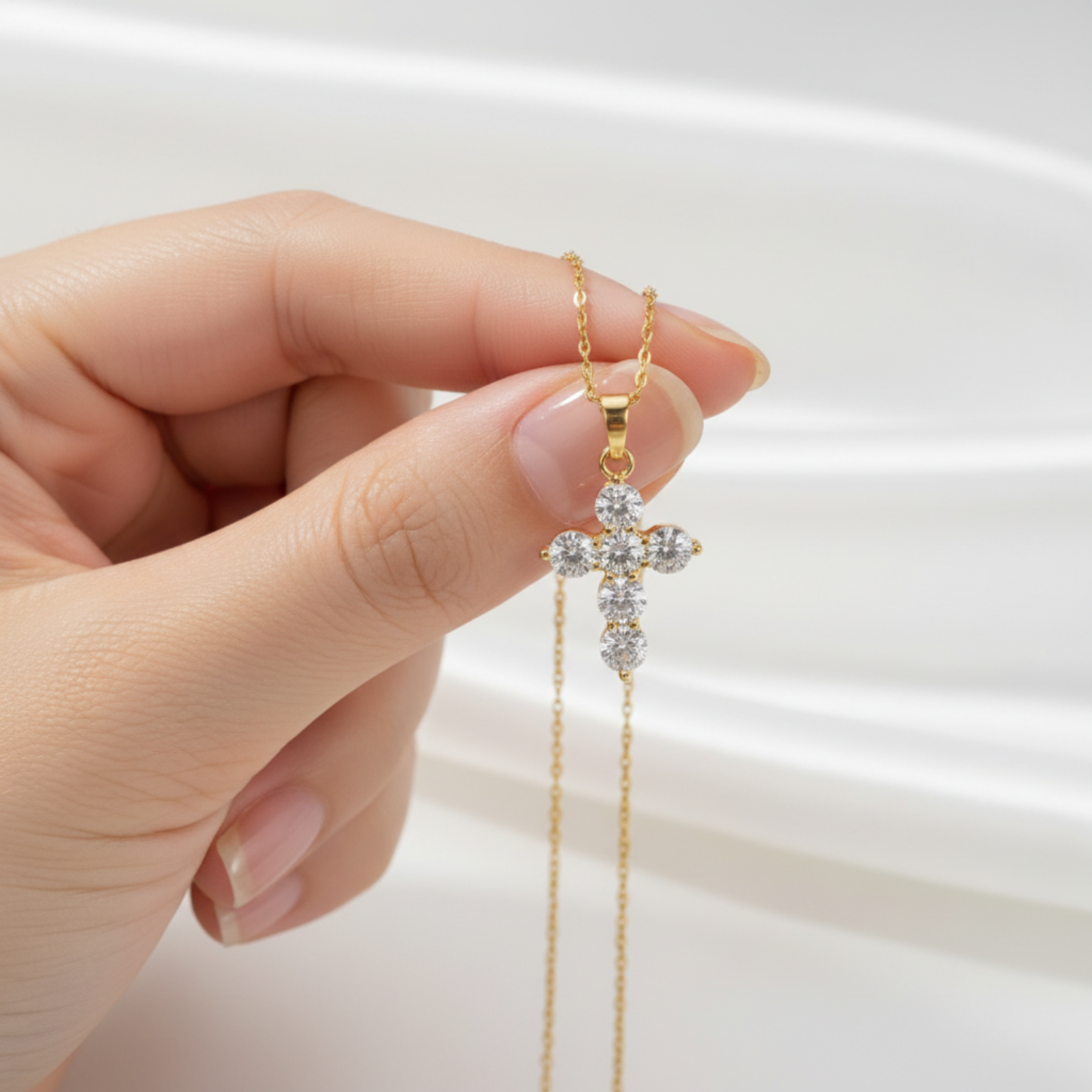 Hand holding gold cross pendant necklace