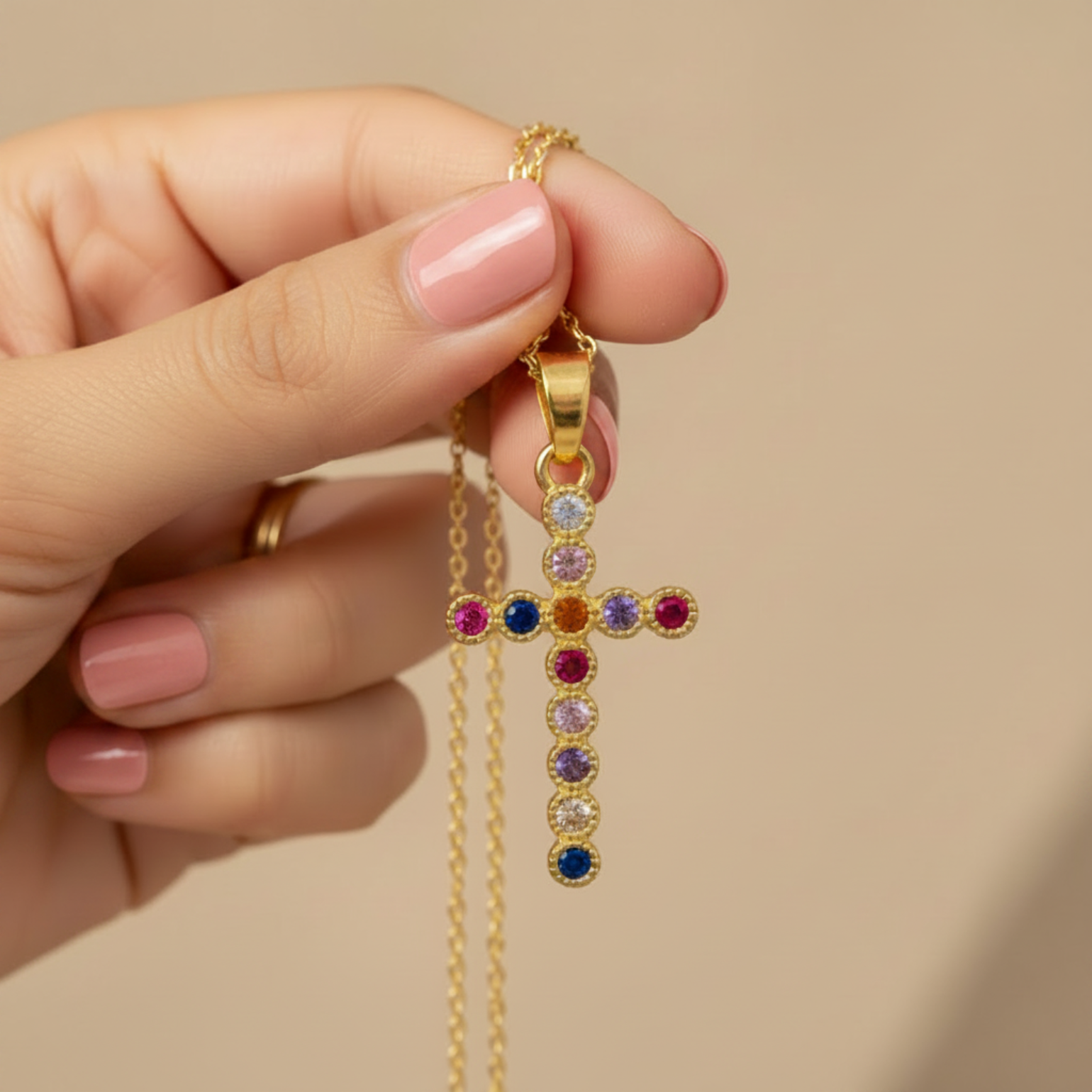 Hand holding multicolour cross pendant