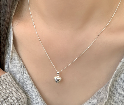 925 Sterling Silver Puffy Heart Pendant Satellite Chain Necklace