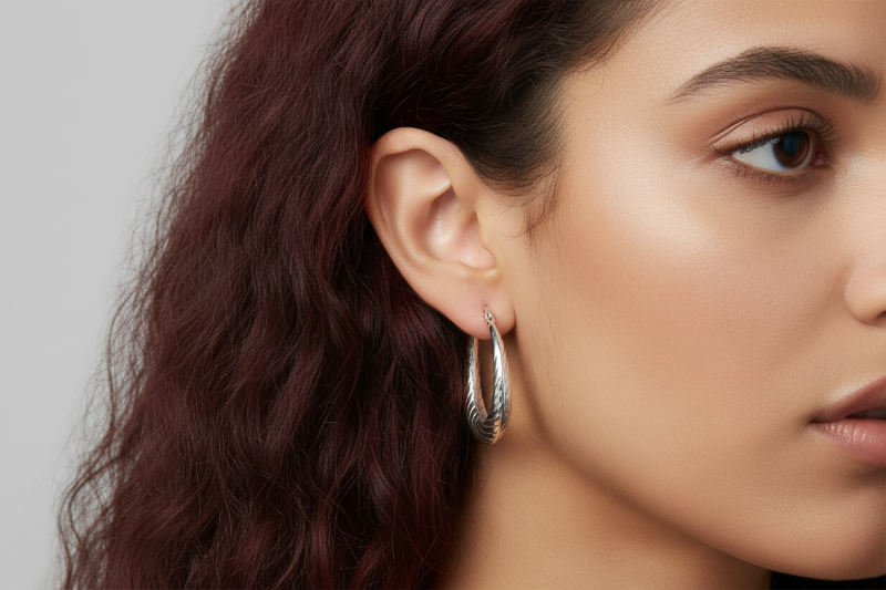 Silver hoop earring worn by a person with dark hair.