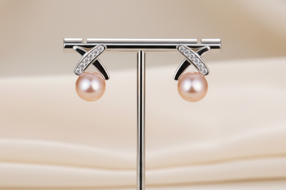 Pair of pearl earrings with silver fixtures on a beige fabric background
