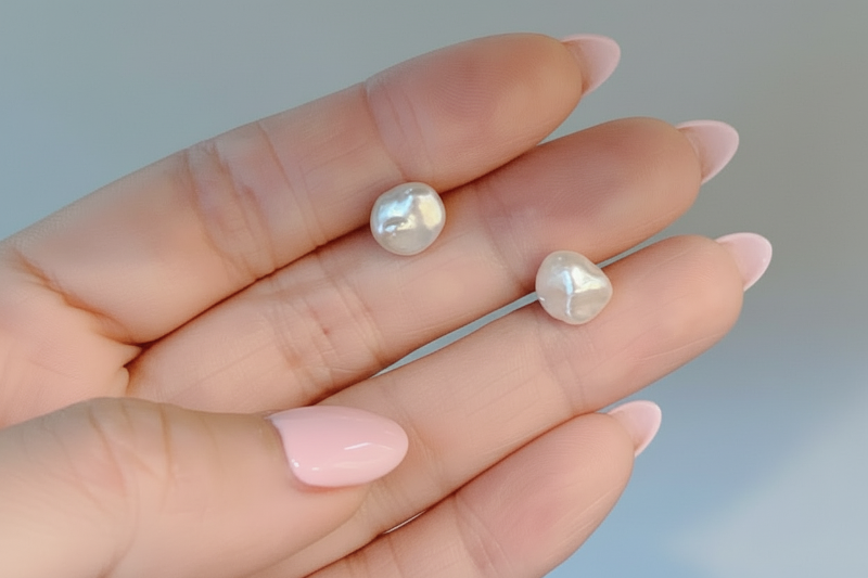 Pearl earrings held between fingers against a neutral background