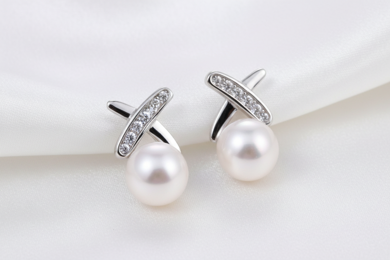 Pearl earrings with silver and diamond accents on a white fabric background