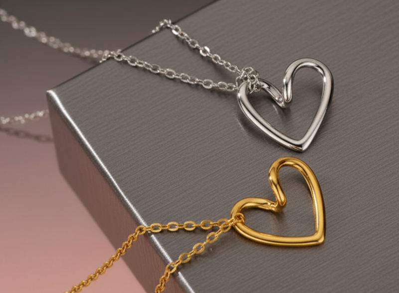 Two heart-shaped pendants, one gold and one silver, on a dark surface.
