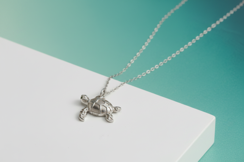 Silver turtle pendant necklace on a white surface with a teal background