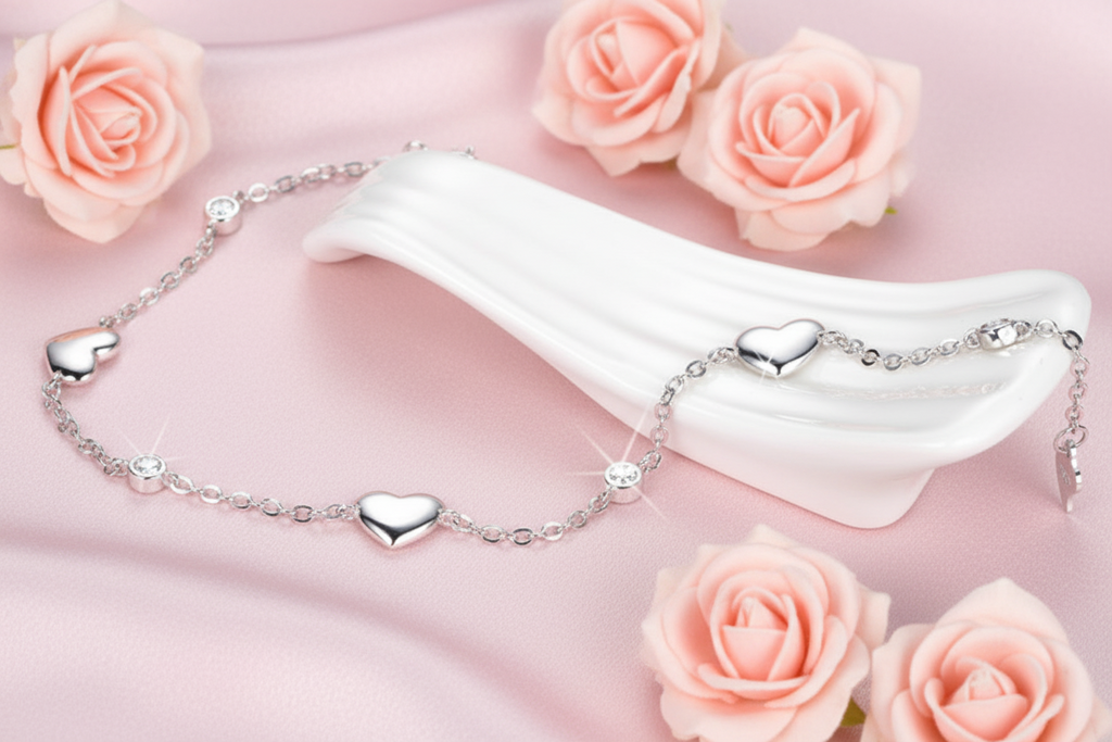 Silver anklet with heart-shaped charms on a white stand against a light blue background