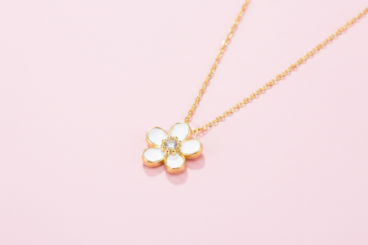 925 Sterling Silver White Enamel Flower Pendant Necklace