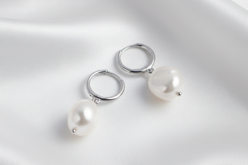 Pearl hoop earrings on a white background