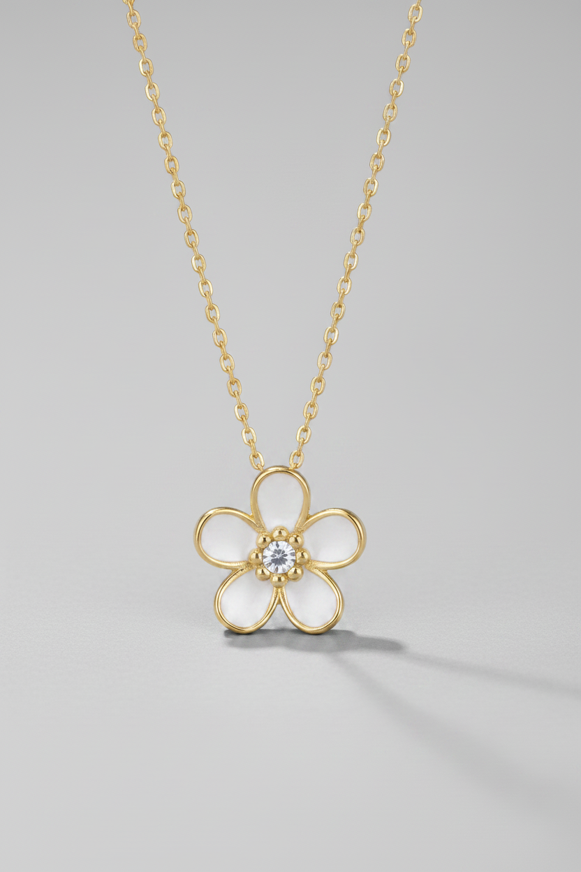 925 Sterling Silver White Enamel Flower Pendant Necklace - Jewel Radiance