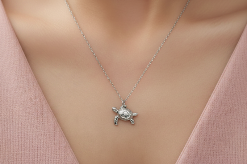 Silver turtle pendant necklace on a mannequin with a pink top