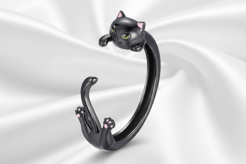 Black Gold Plated 925 Sterling Silver Cat Open Ring - Jewel Radiance