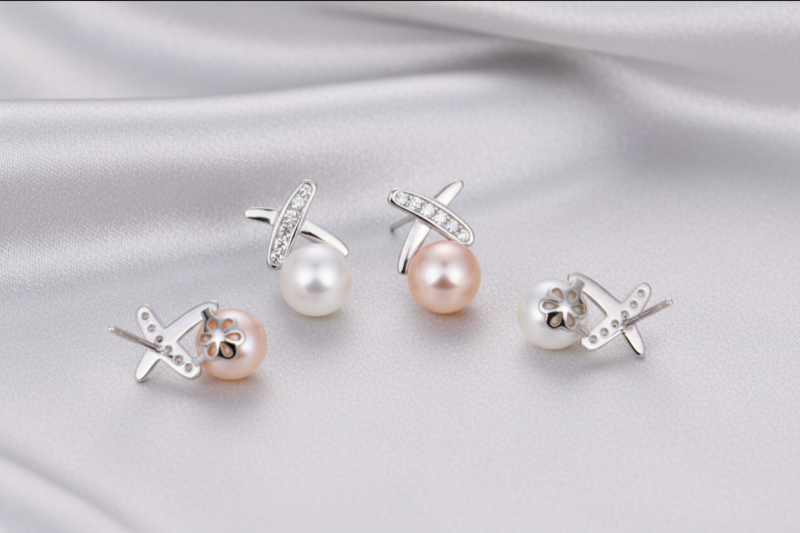 Pearl earrings with silver crosses on a beige background