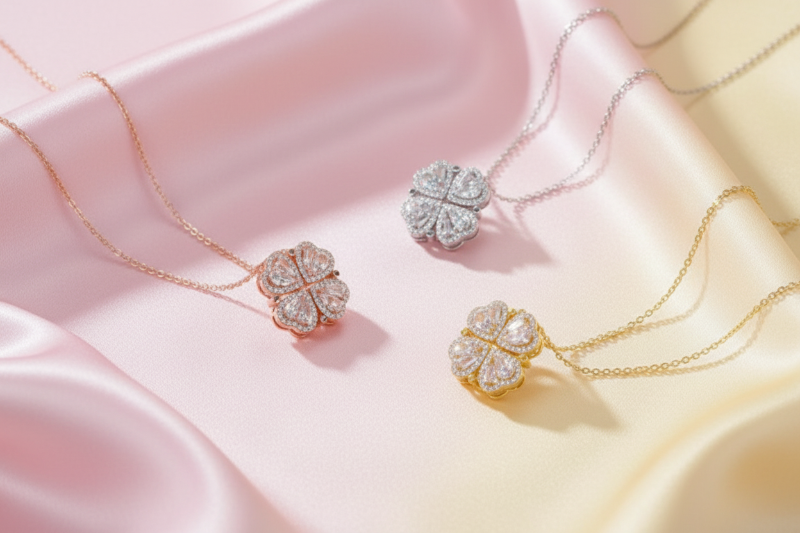 Three floral necklaces in gold, rose gold, and silver on a light background