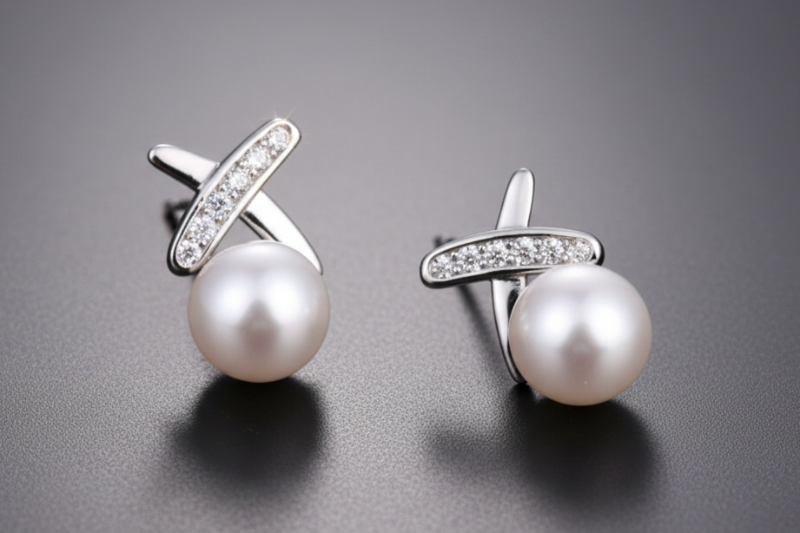 Pearl earrings with silver accents on a greyfabric background