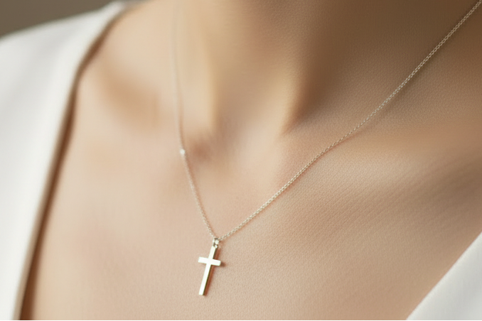 Close-up of a person wearing a gold necklace with a cross pendant.