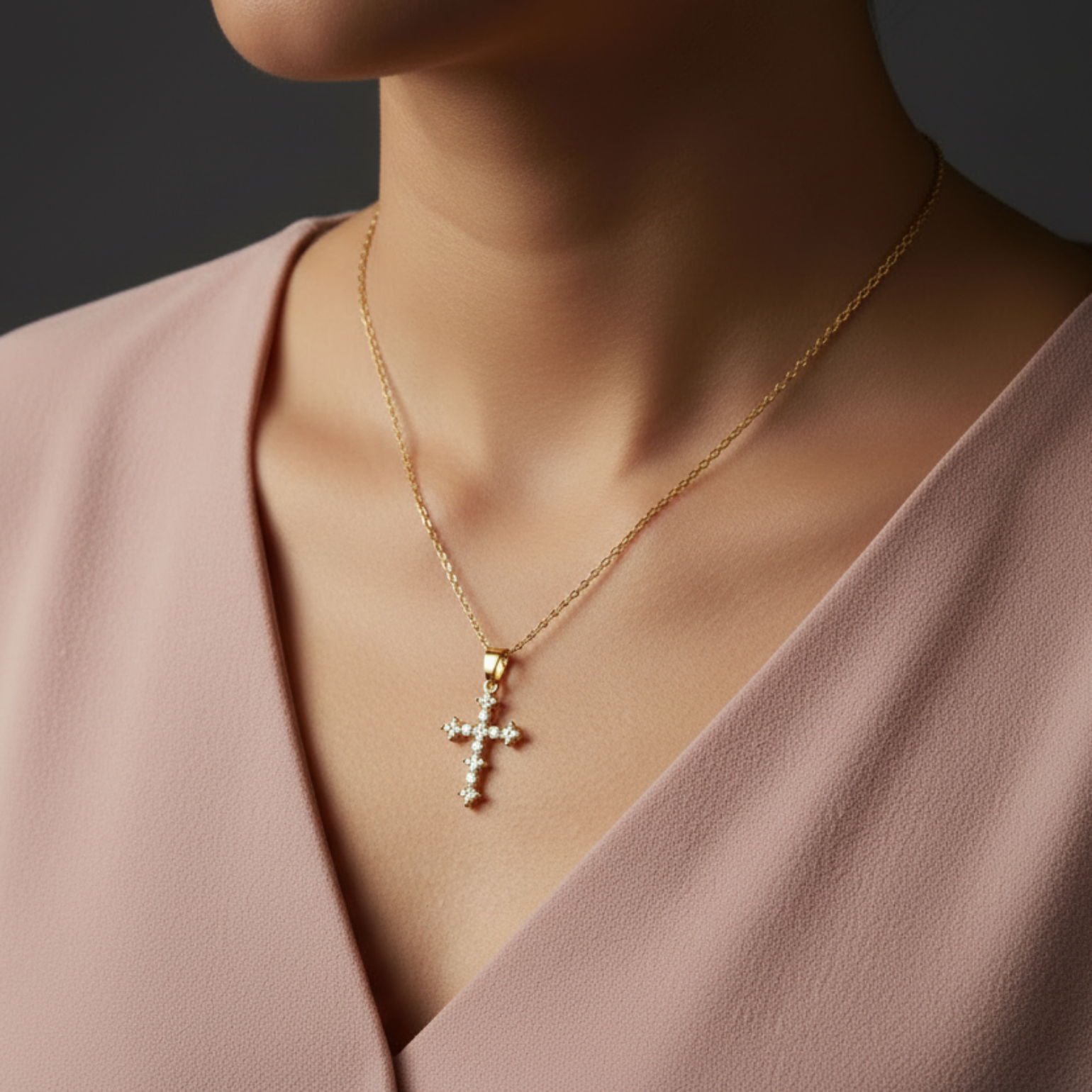 Model wearing cross pendant