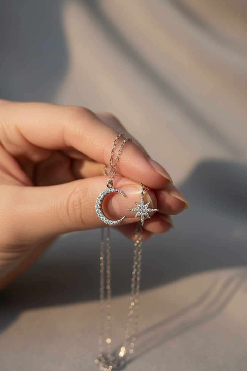 Moon & Star Pendants - Close Up Hand