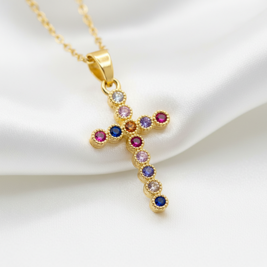 Multicolour cross on white satin