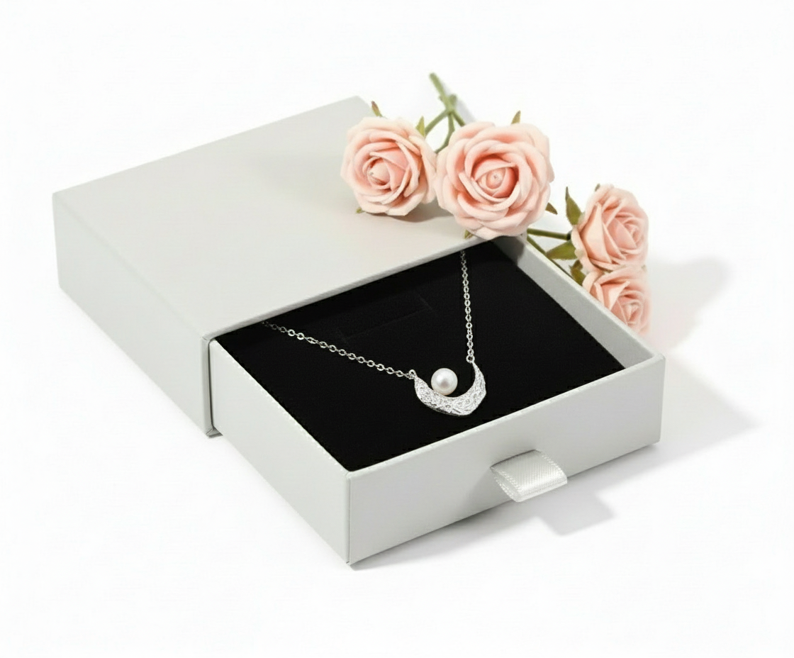 Necklace in grey box with pink roses