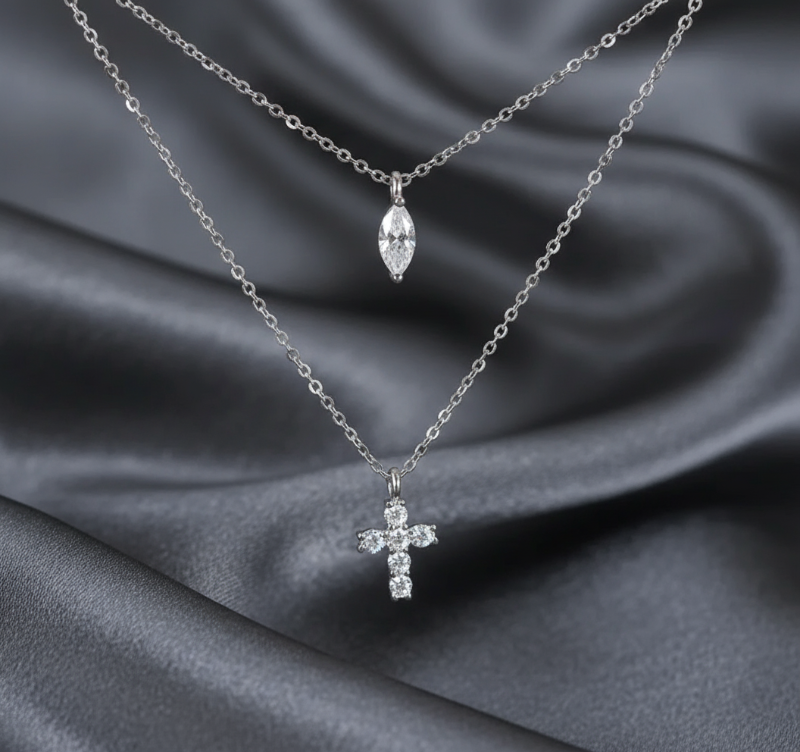 Necklace with dark grey silk background