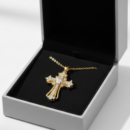 Ornate cross pendant in grey drawer box
