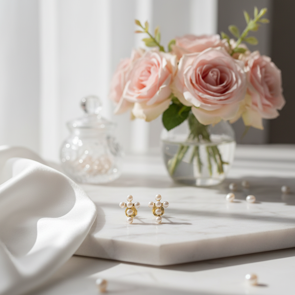 Pearl cross earrings - dressing table with roses