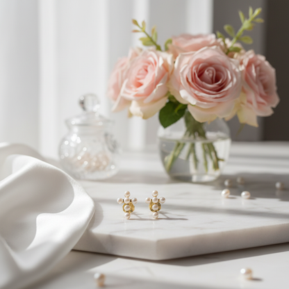 Pearl cross earrings - dressing table with roses