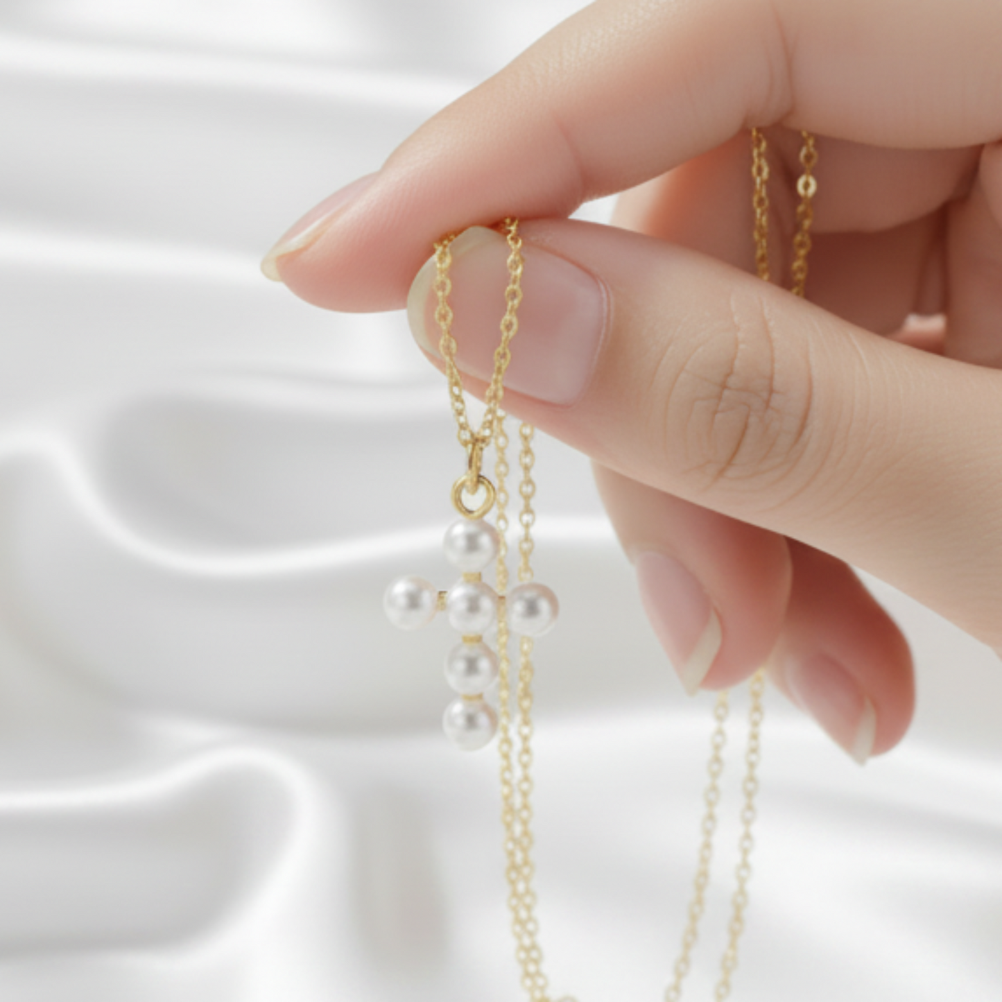 Pearl Cross Necklace being held by a hand with a white background