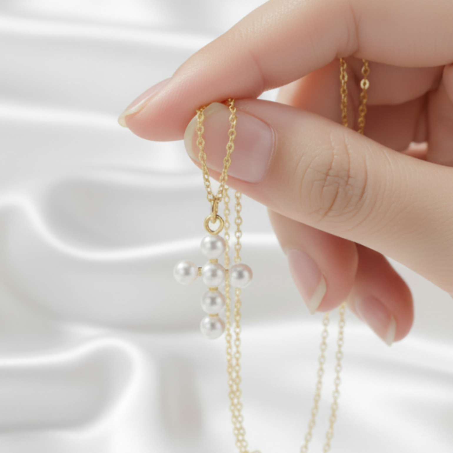Pearl Cross Necklace being held by a hand with a white background