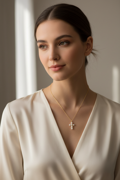 Pearl cross necklace - lifestyle shot