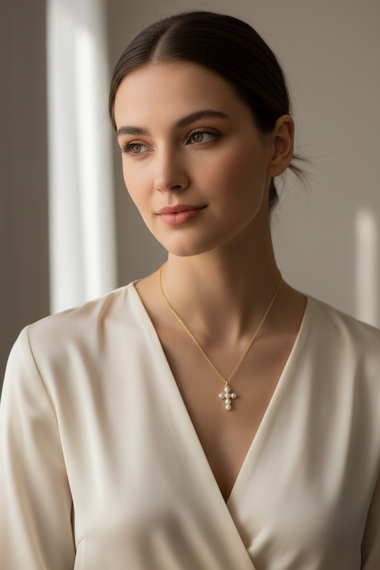Pearl cross necklace - lifestyle shot