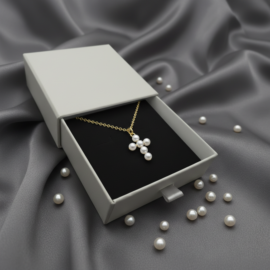 Pearl cross necklace - open drawer box with pearls
