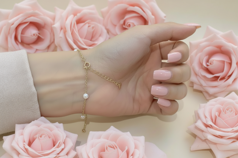 Pearl Station Bracelet - Extender Chain with Blush Petals