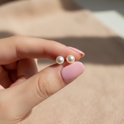 Pearl studs - pink nails hand shot