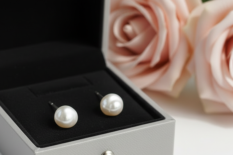 Pearl Studs with Blue Roses and Gift Box